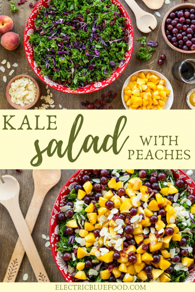Fruity kale salad with peaches, grapes and almonds. With vegan balsamico dressing. A fresh and flavourful salad to enjoy in the summer.