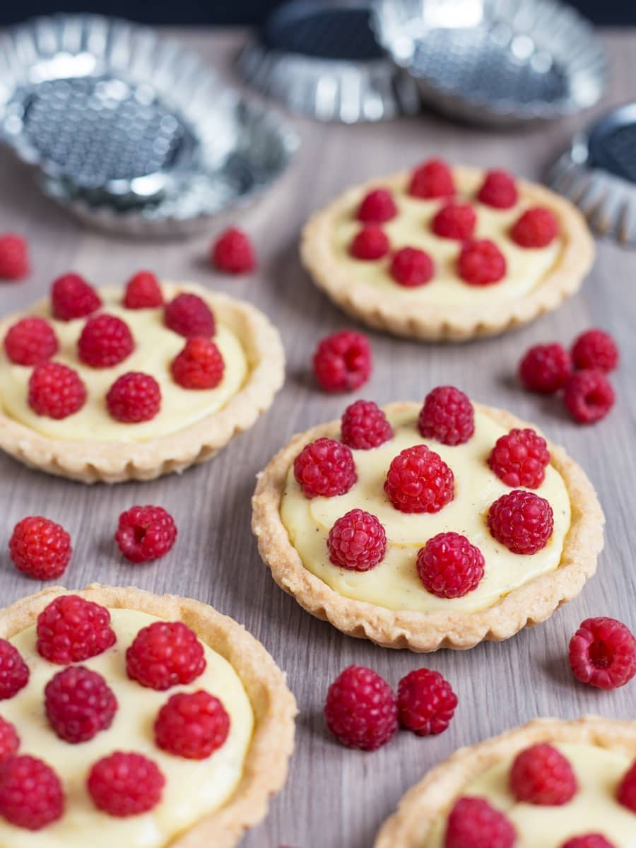 Home-made custard tarts decorated with freshly picked raspberries