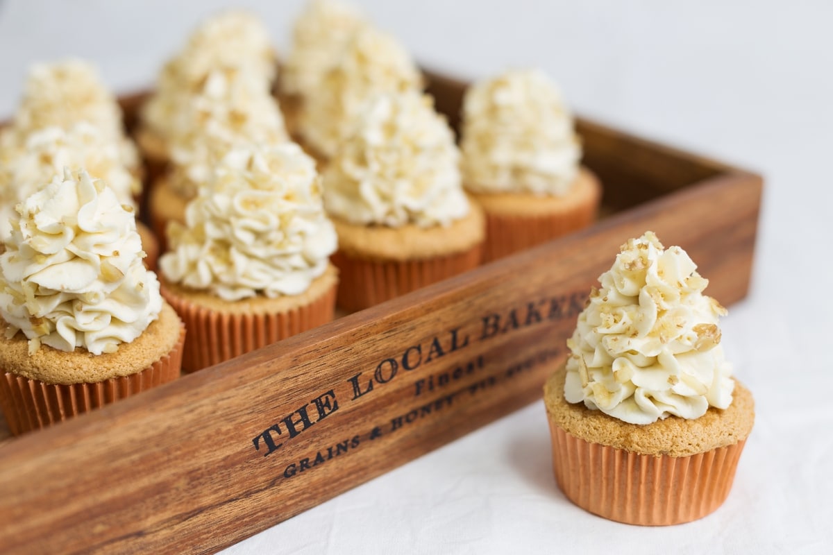 Walnut cupcakes with honey mascarpone frosting