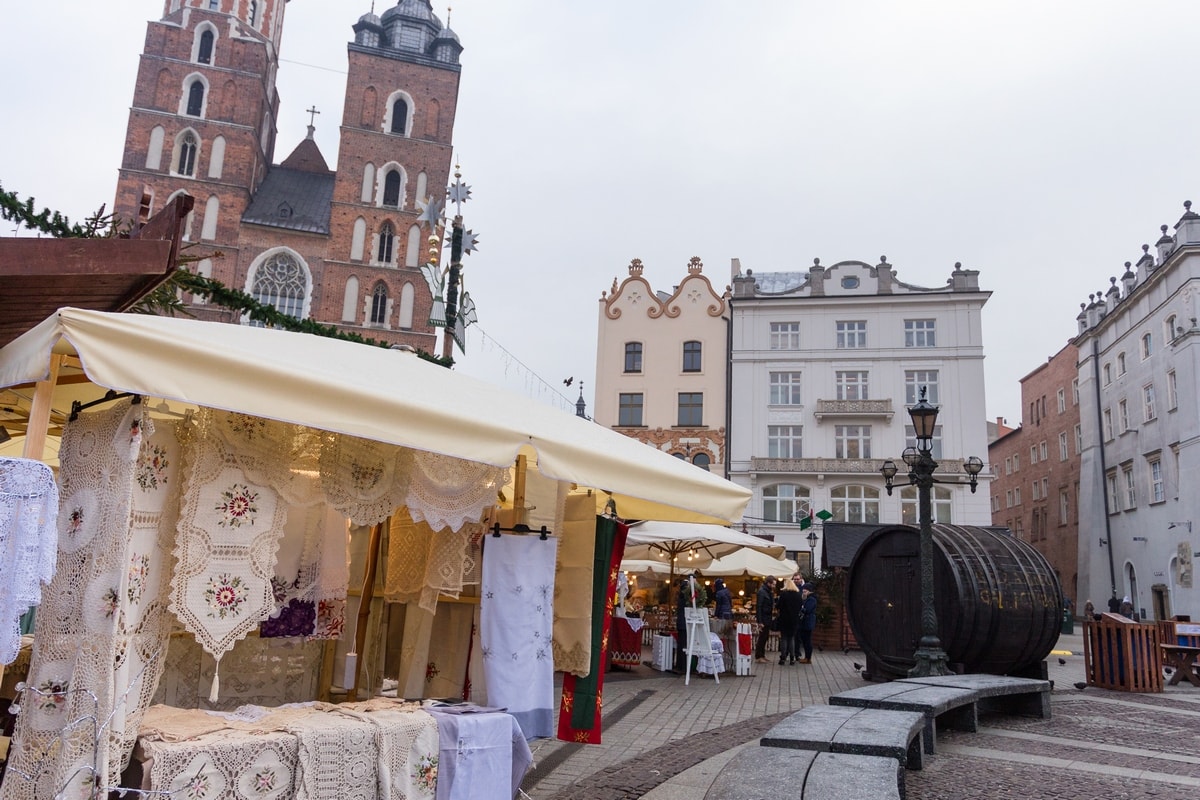 Christmas market stalls in front of the Saint Mary Basilica in Krakow's main square.