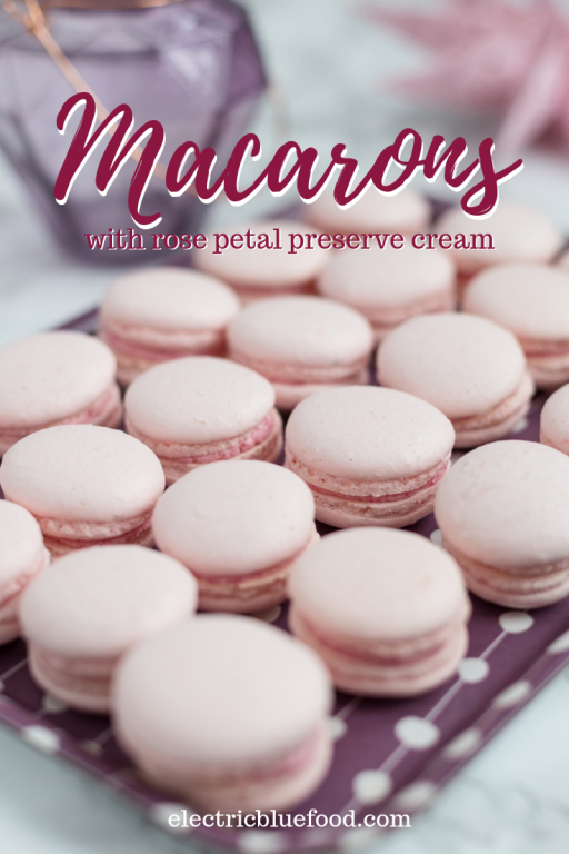Pink macarons with a rose petal preserve buttercream filling.