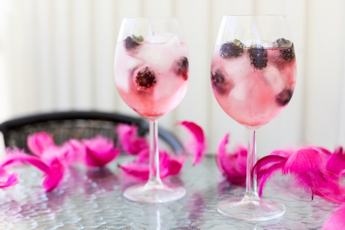 Blackberry gin and tonic with pink tonic water