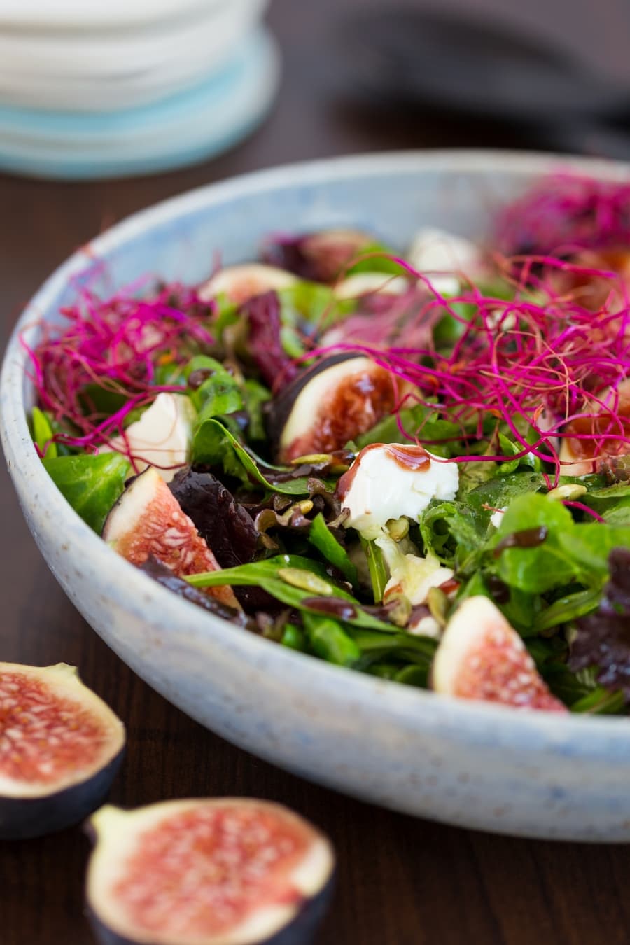 Fig and goat cheese salad, beet sprouts and raspberry vinaigrette