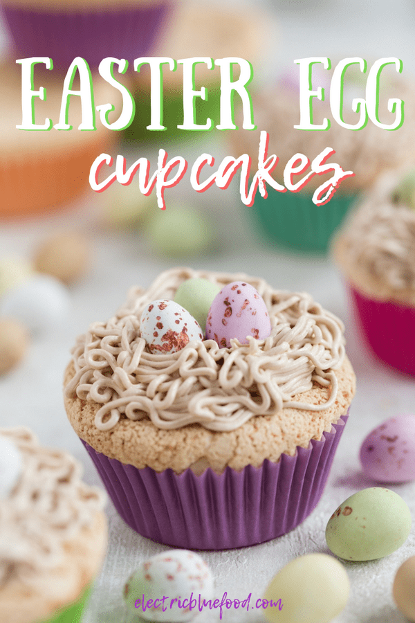 Bird's nest cupcakes made of Portuguese sponge cake topped with egg custard and buttercream piped to look like a nest and filled with chocolate eggs #easter