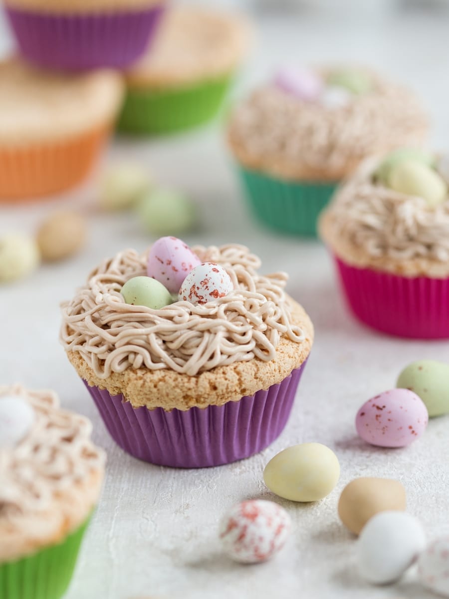Bird's nest cupcakes with egg custard and buttercream.