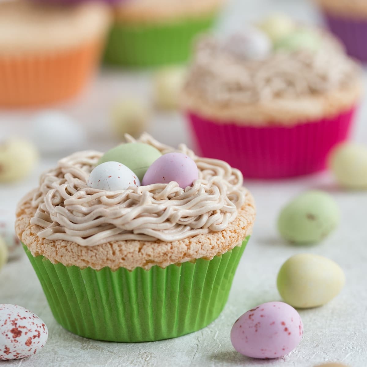 Bird's nest cupcakes with egg custard and buttercream.