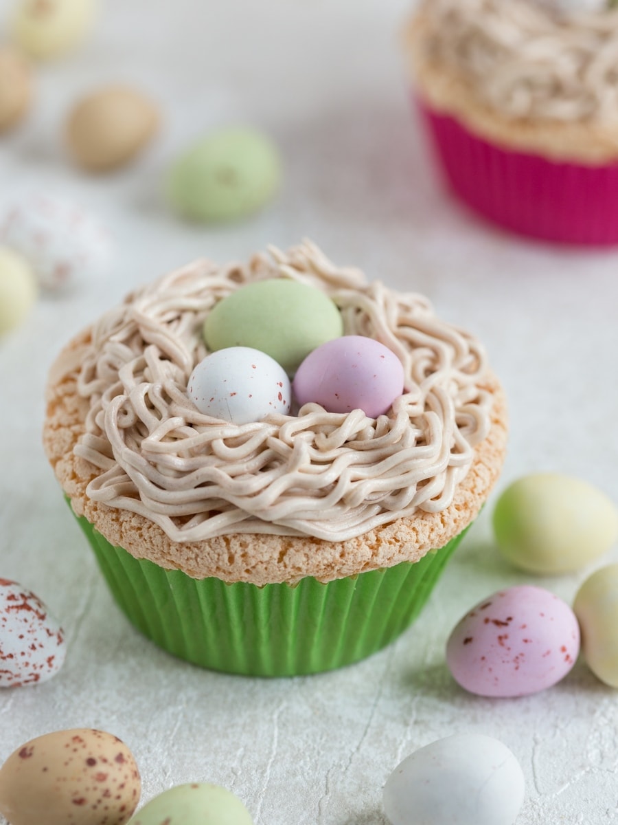 Portuguese sponge cake cupcakes with buttercream bird's nest