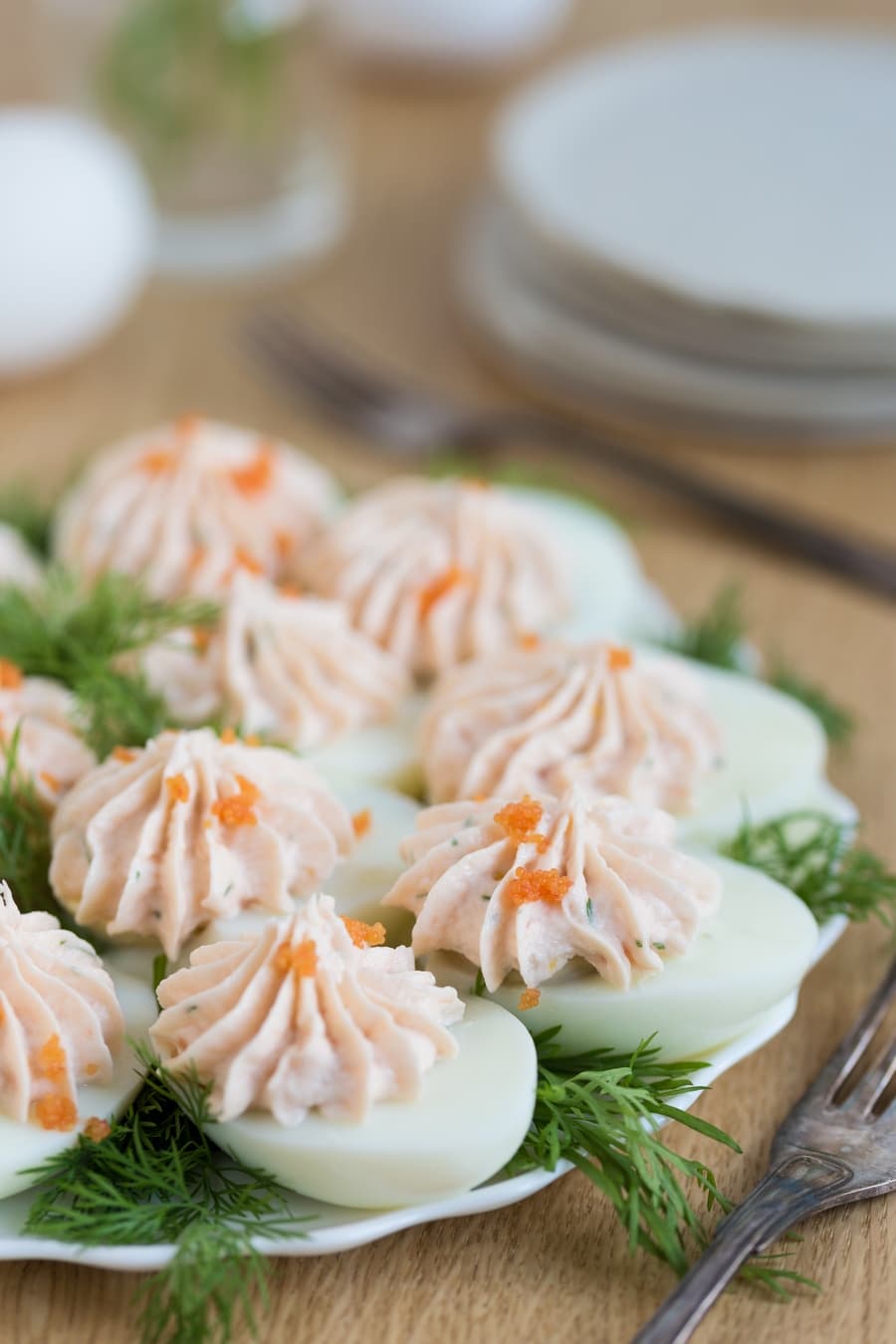 Scandinavian deviled eggs with smoked salmon mousse and fish roe