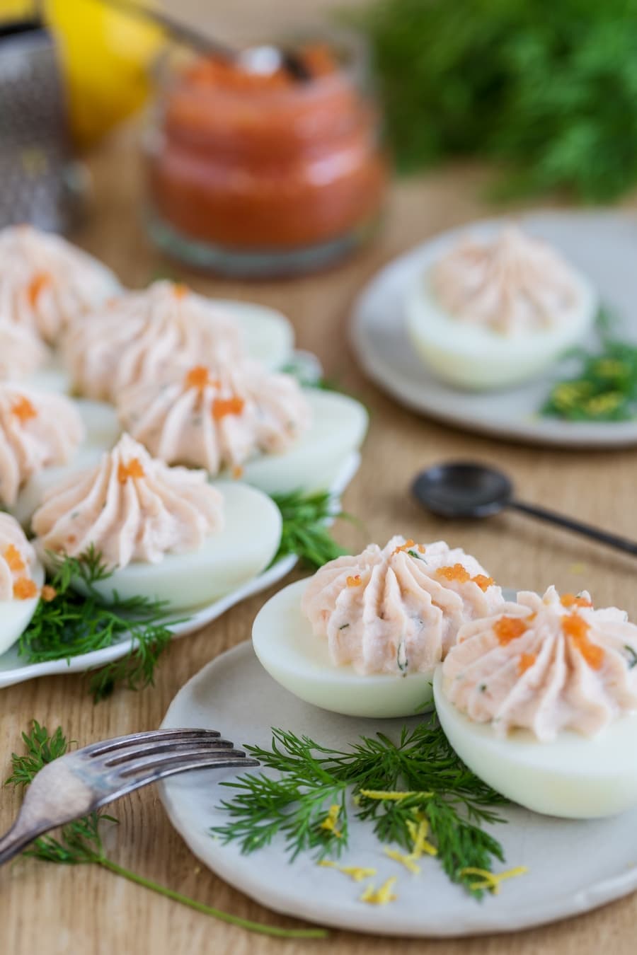 Scandinavian deviled eggs with smoked salmon mousse and fish roe