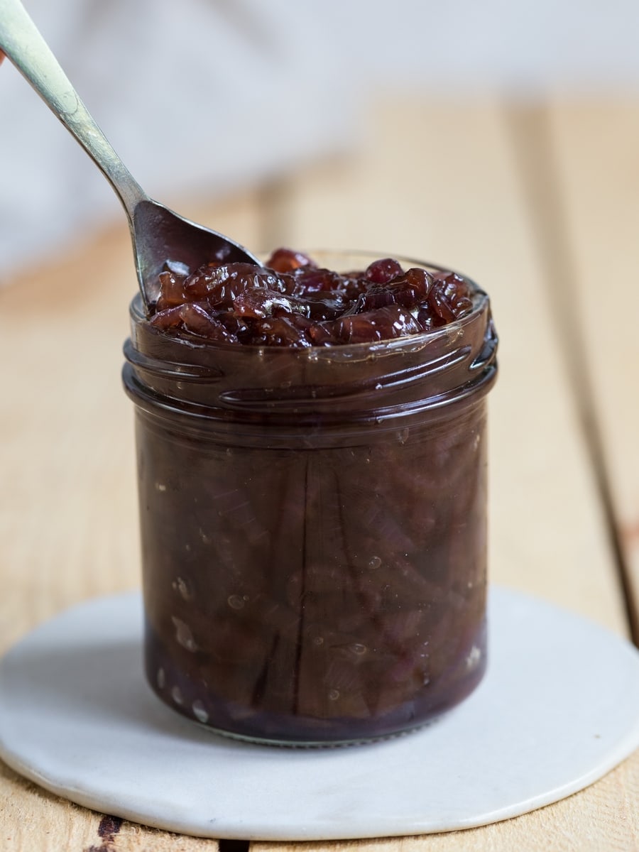 A jar of caramelized onion relish.