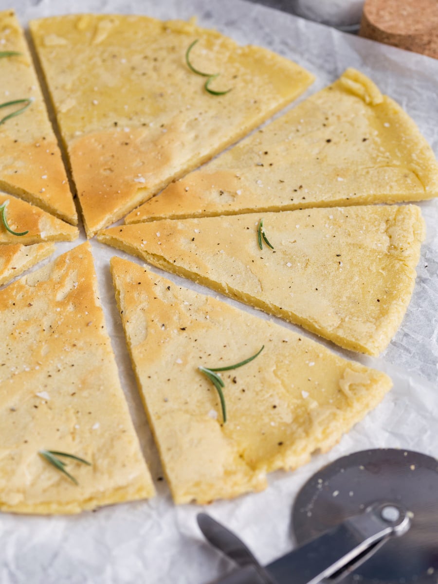 easy skillet farinata sliced in triangles