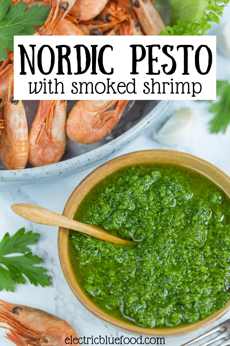 Nordic pesto with smoked shrimp. Dip your shrimps in this lovely pesto made with all Nordic ingredients: parsley, sunflower seeds, rapeseed oil and Västerbotten cheese. A fantastic Scandinavian appetizer!