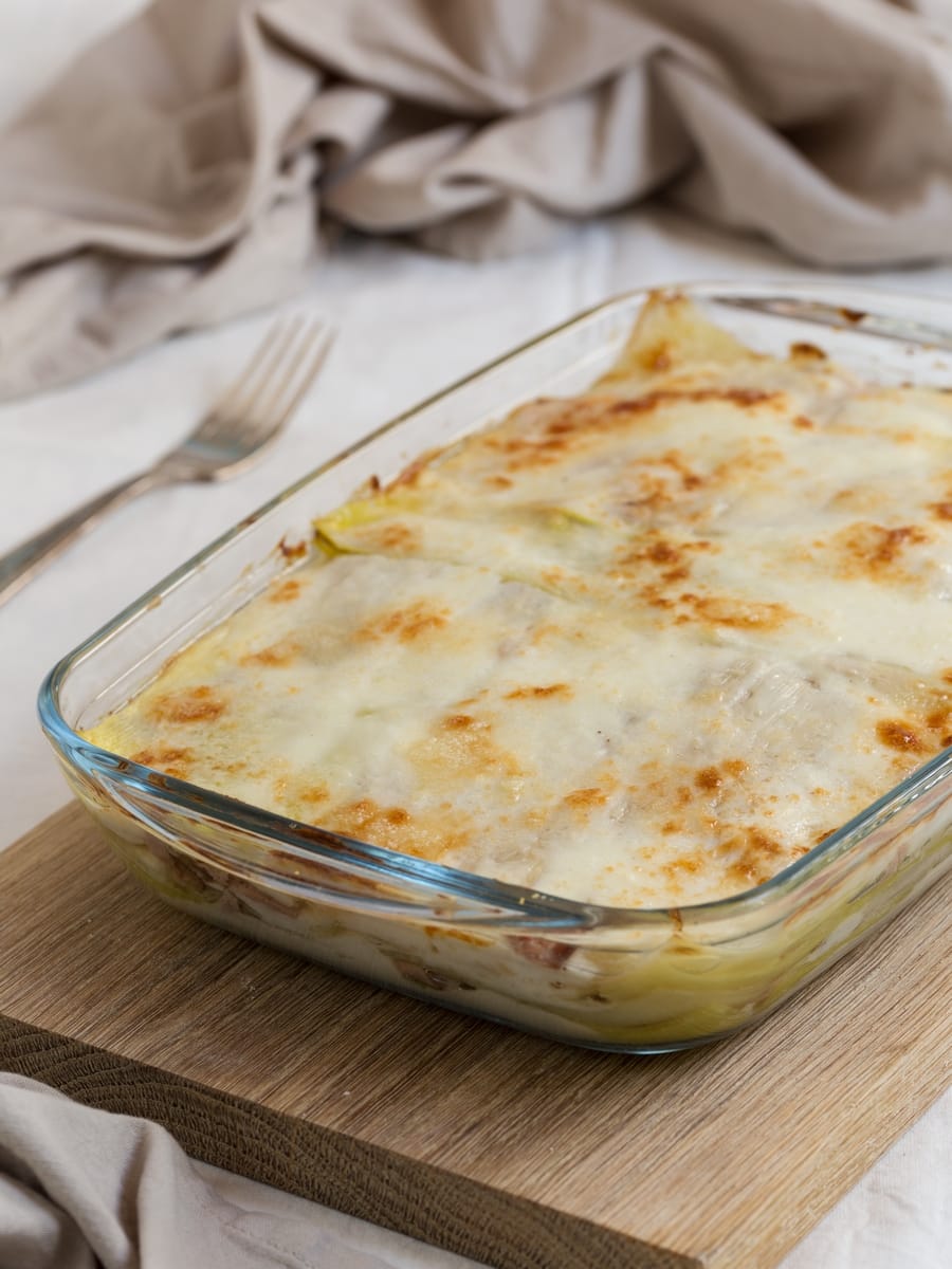 Baked leek lasagne in a casserole.
