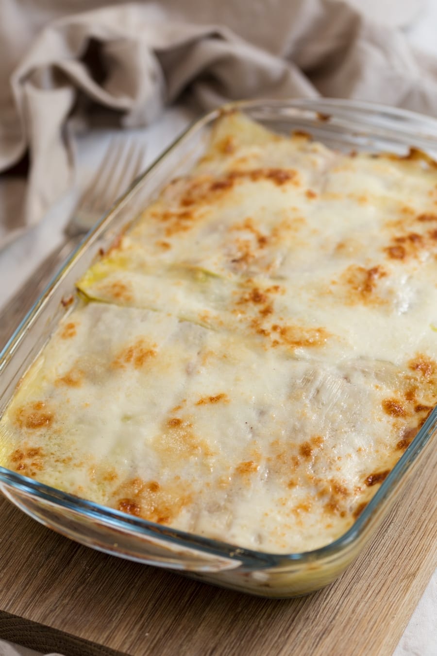 Leek lasagna casserole seen from the top to show the crunchy top.