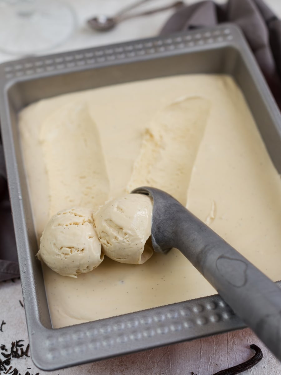 No churn London fog ice cream being scooped out.