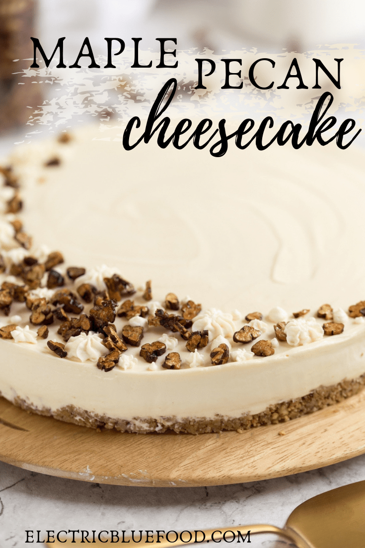 No-bake maple cheesecake with candied pecans on top and a pecan biscuit base.