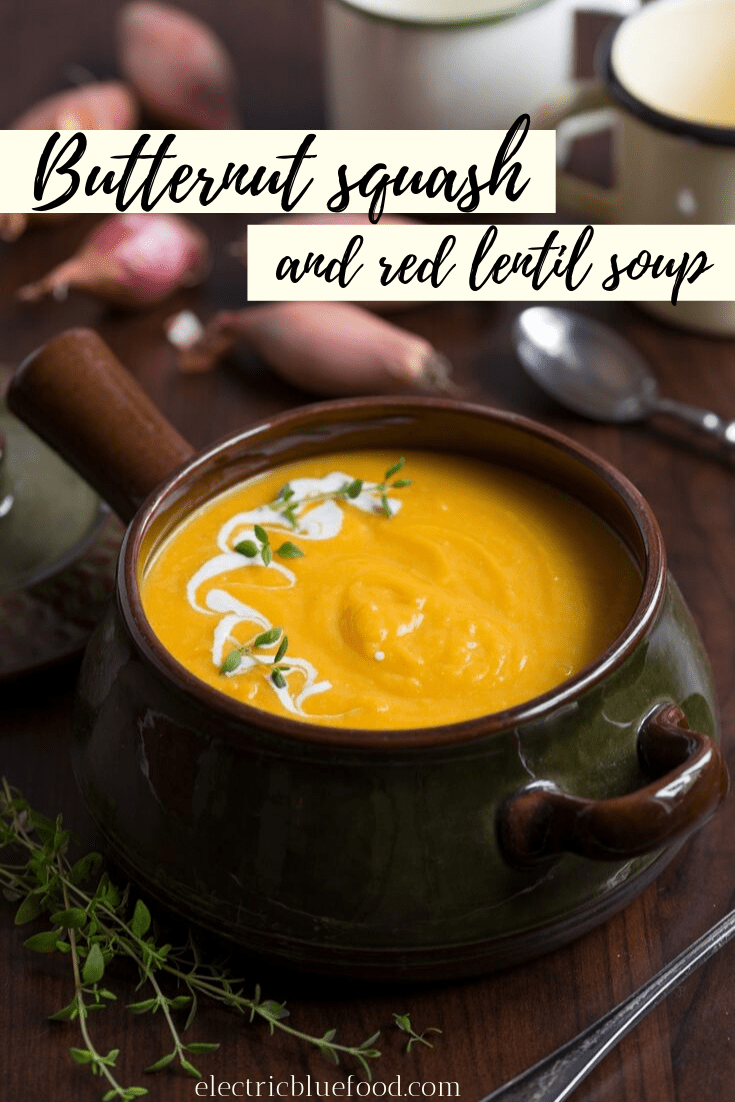 Roasted butternut squash and red lentil soup with roasted shallots and fresh thyme.