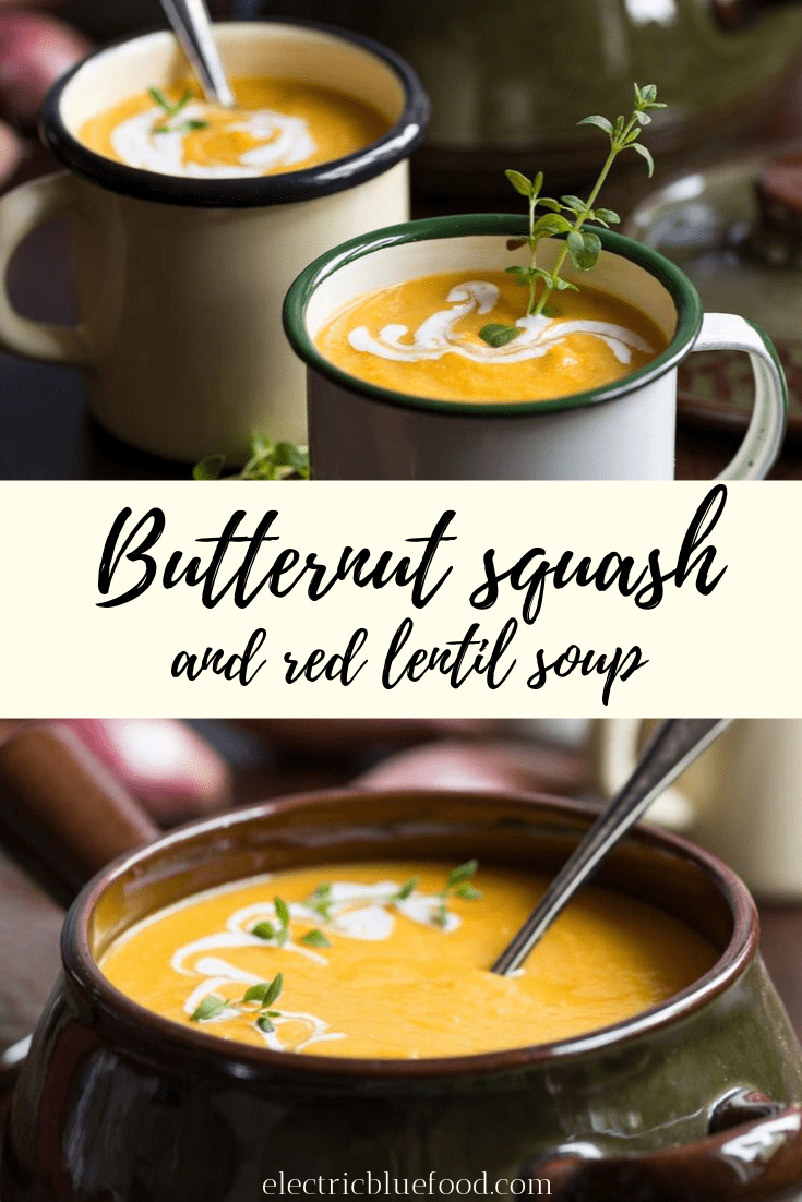 Roasted butternut squash and red lentil soup with roasted shallots and fresh thyme.