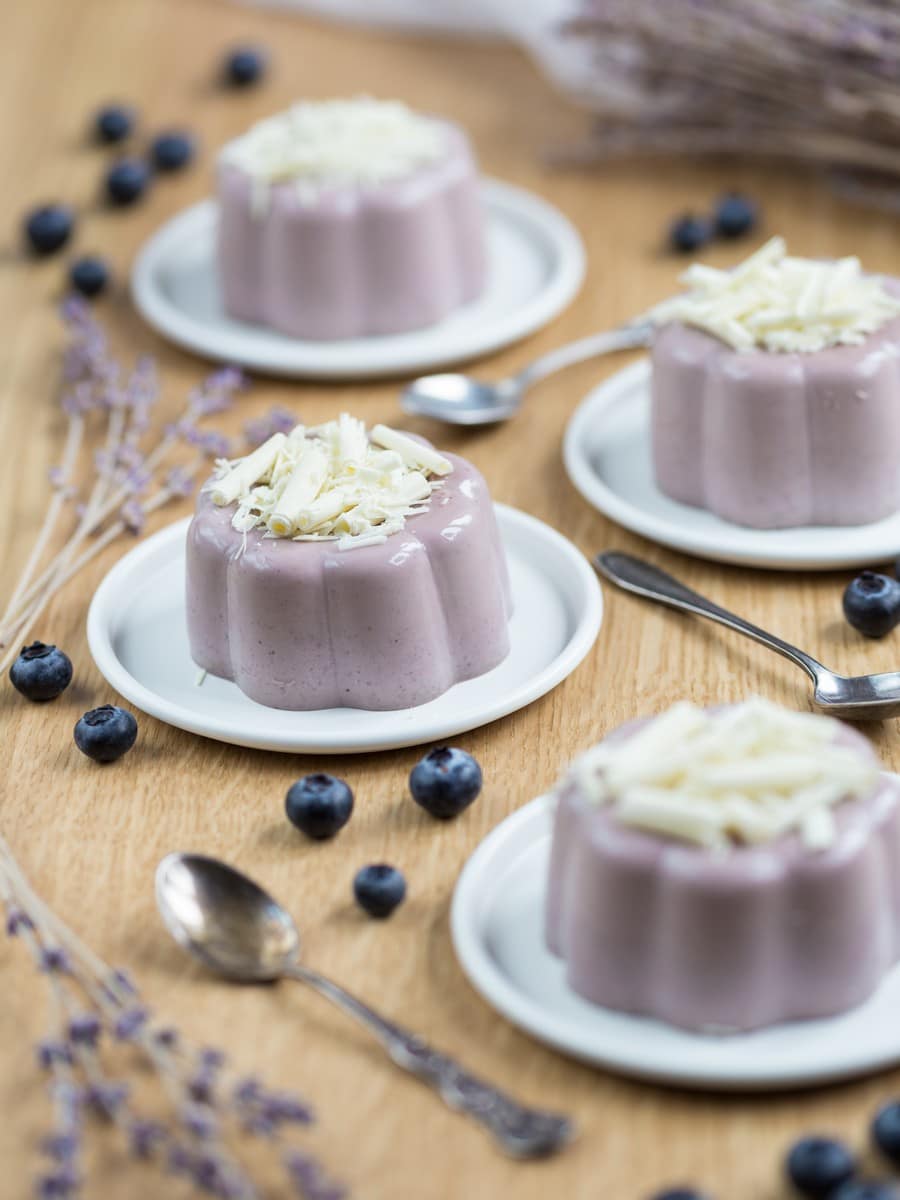 Blueberry lavender panna cotta single-serve portions.