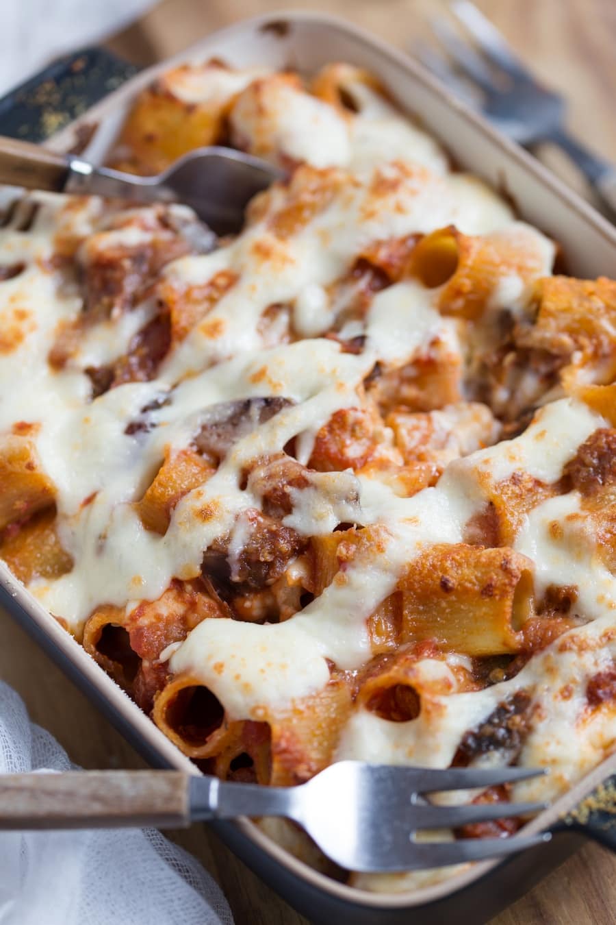 Flat-lay view of eggplant pasta bake.