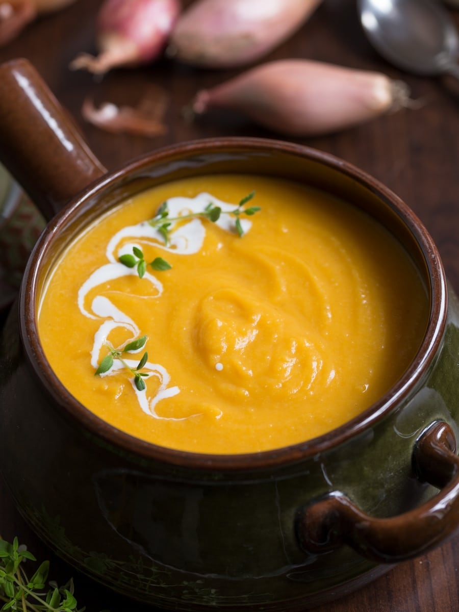 Pumpkin soup with a fresh thyme and cream decoration on top.