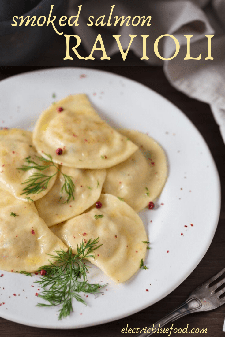 Homemade ravioli with smoked salmon and potato filling, served with brown butter, dill and pink peppercorn.