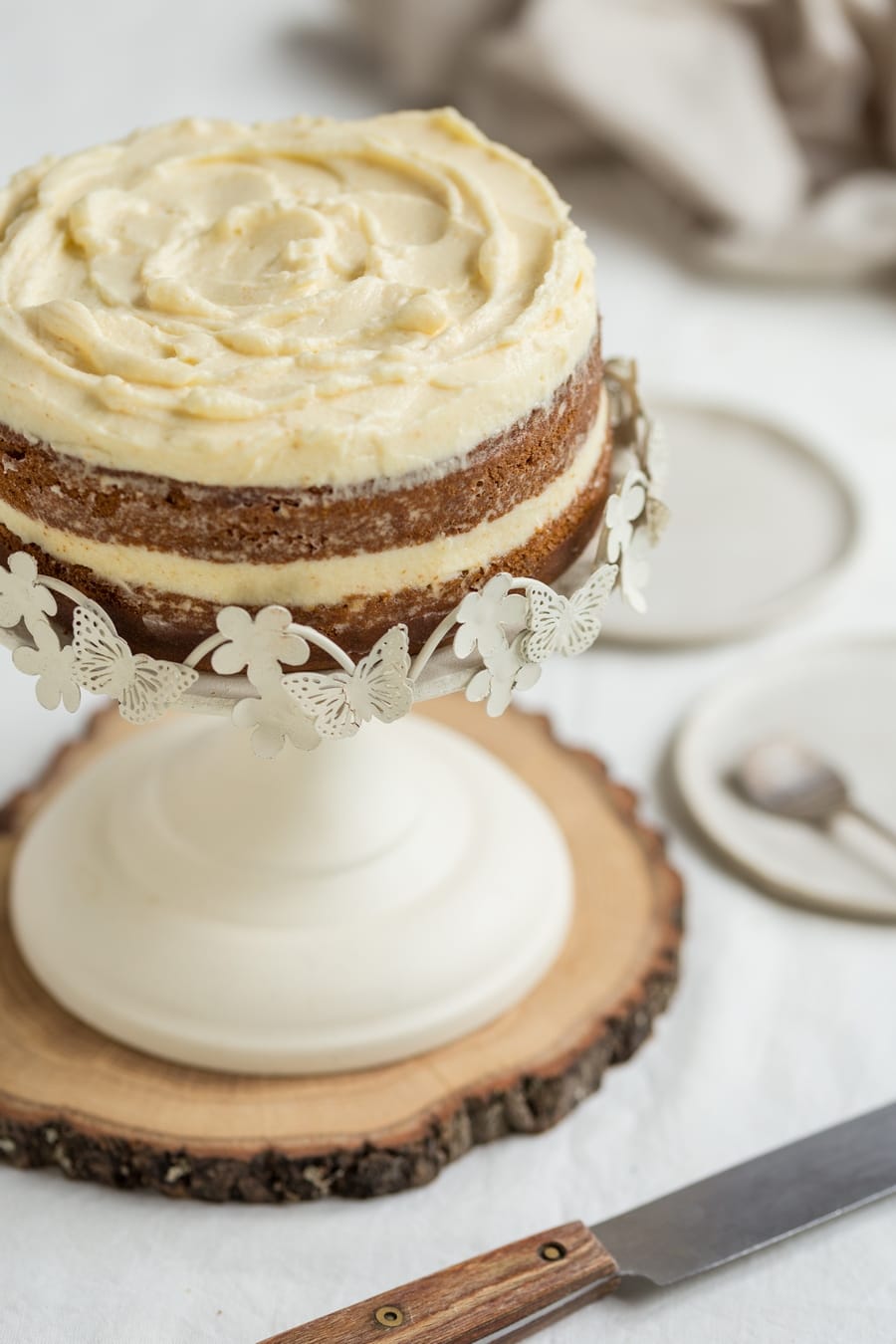 Detail of top ruffles of sweet potato cake with brown butter frosting.