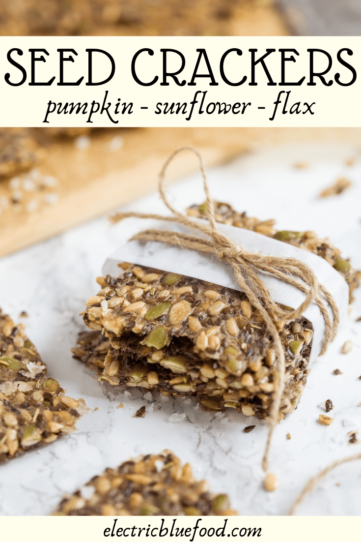 Healthy multi seed crackers made with pumpkin, sunflower and flax seeds. Flavoured with dried rosemary and salt flakes.