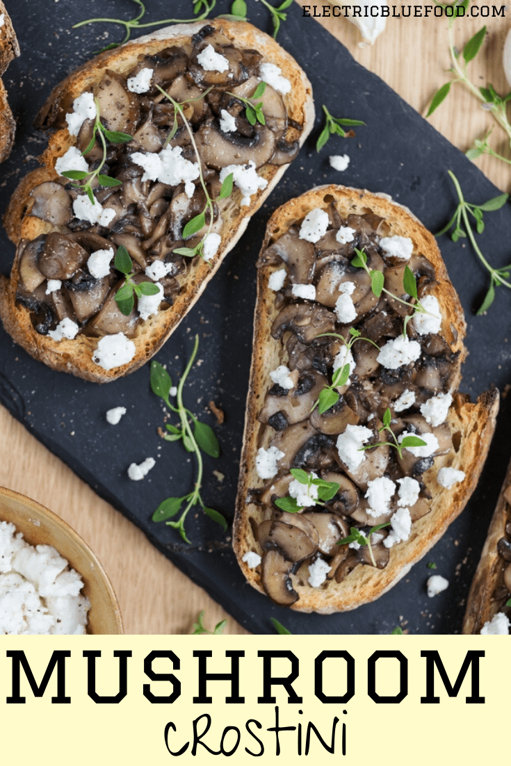 Garlicky mushroom crostini with goat cheese crumbs, the perfect appetizer on a cold day.