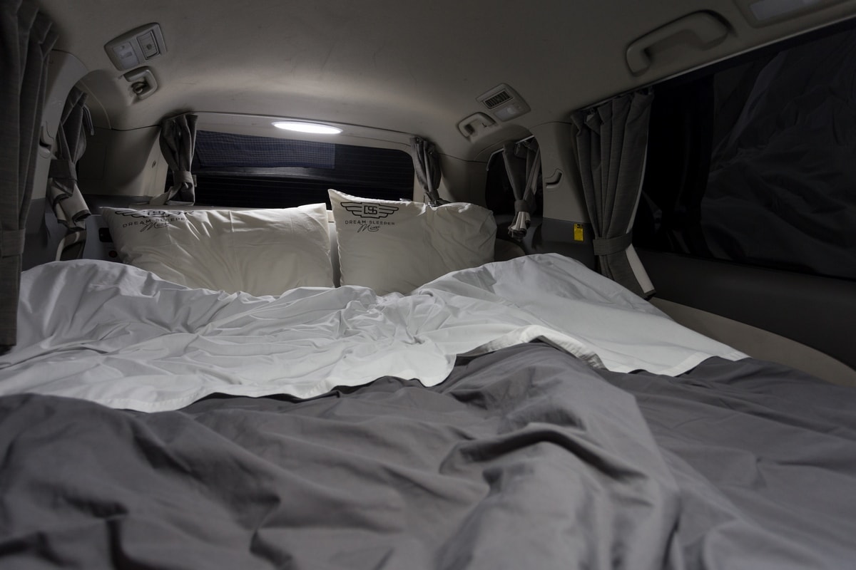 The inside of our campervan in night mode.