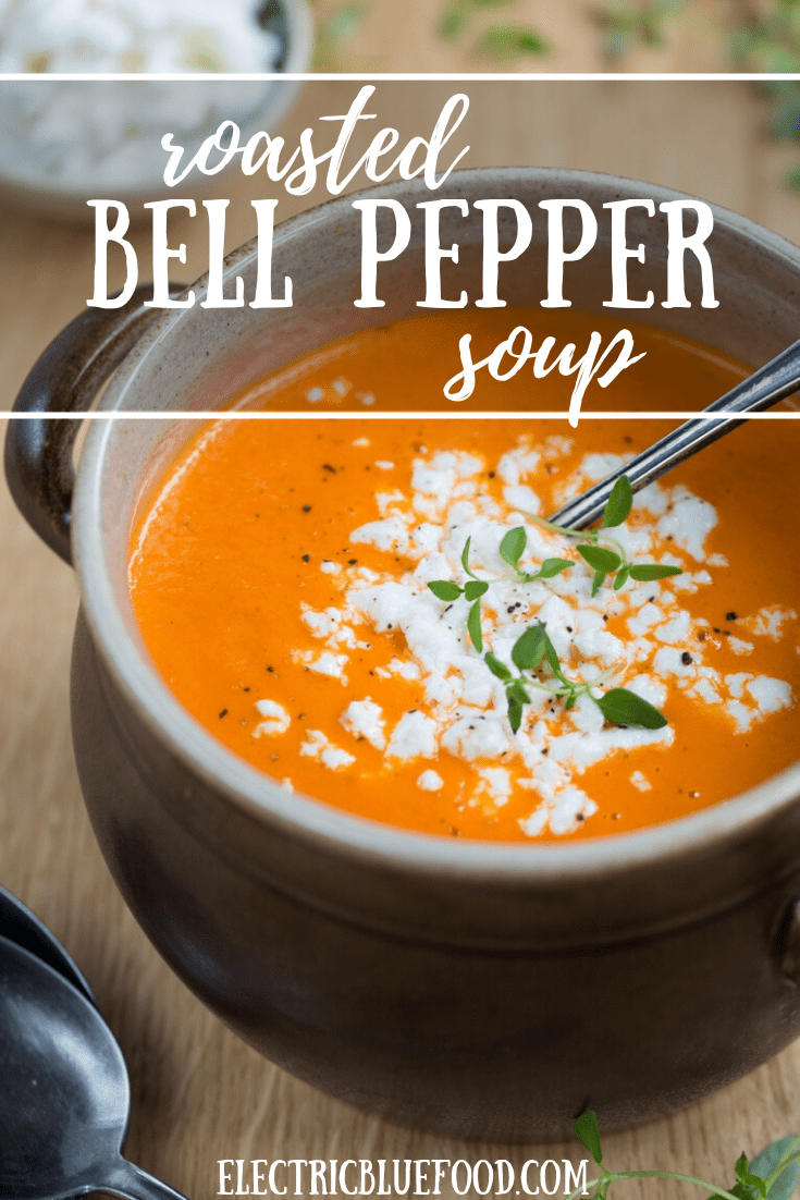 Roasted bell pepper soup with unripened goat cheese crumbles. Made with home-roasted red peppers for a unique flavour.