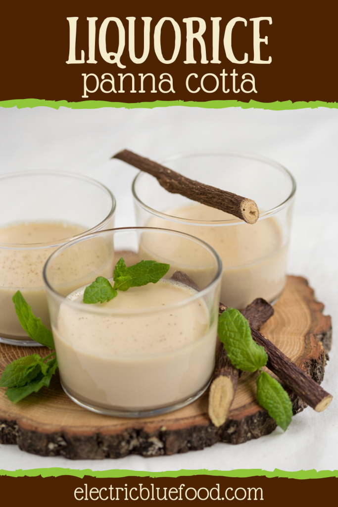 Liquorice panna cotta recipe with natural liquorice extract. Single-serving portions of panna cotta in individual serving glasses.