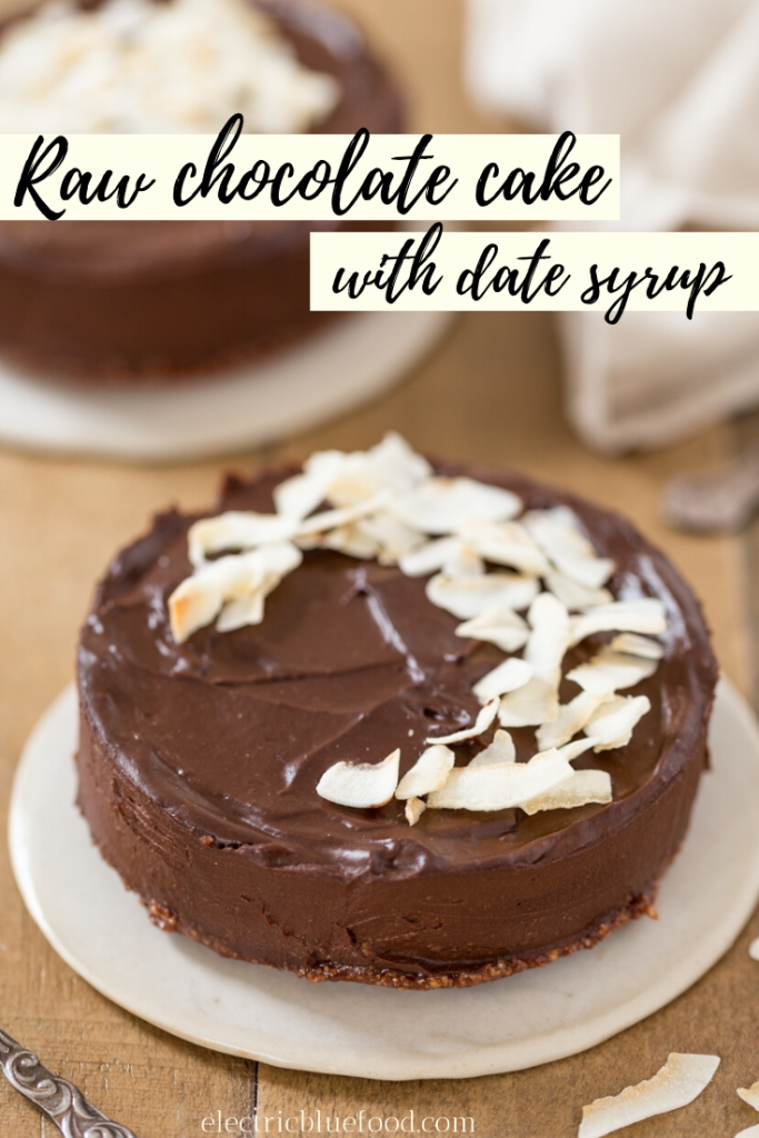 Vegan raw chocolate cake made with avocado and date syrup. Gluten and refined sugar free.