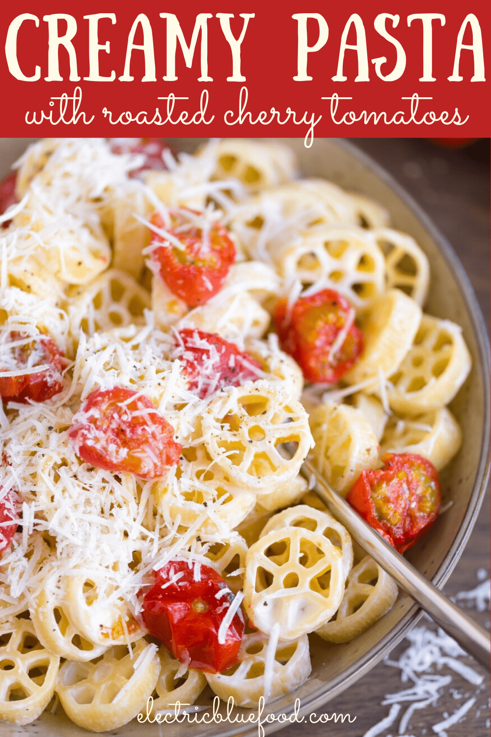A creamy pasta dish with oven-roasted cherry tomatoes and a sprinkle of freshly grated pecorino.