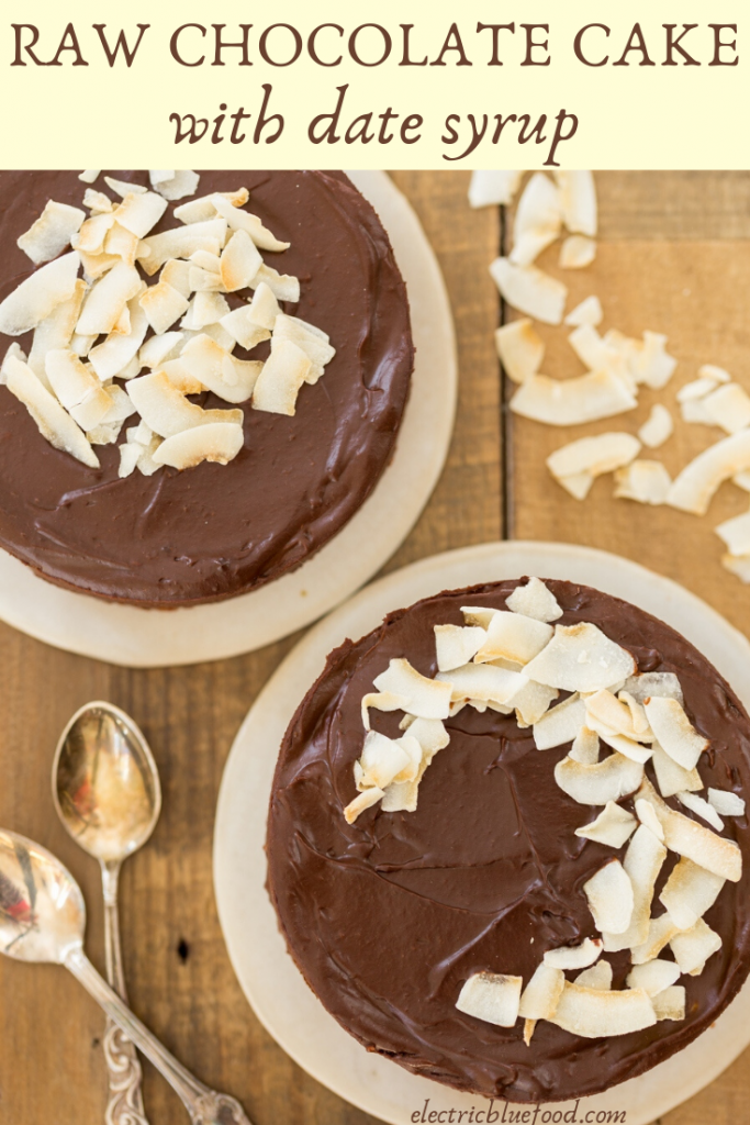A raw chocolate fudge cake made with avocado and date syrup. Vegan, gluten free, refined sugar free.