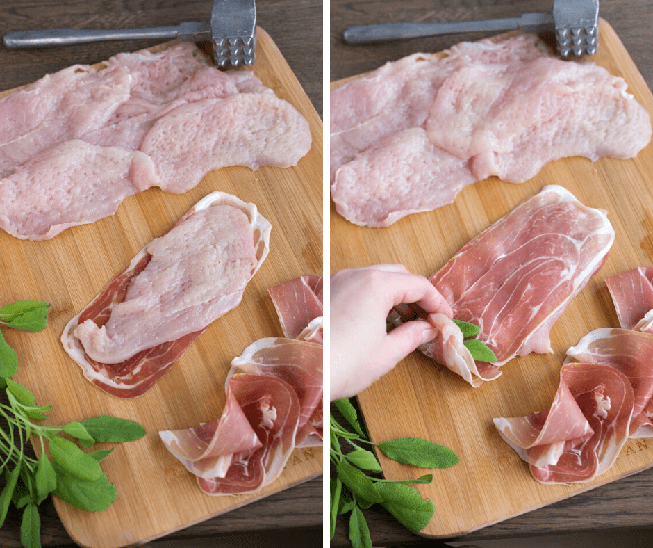 Chicken involtini preparation: layering of prosciutto, chicken and sage, then rolled up.