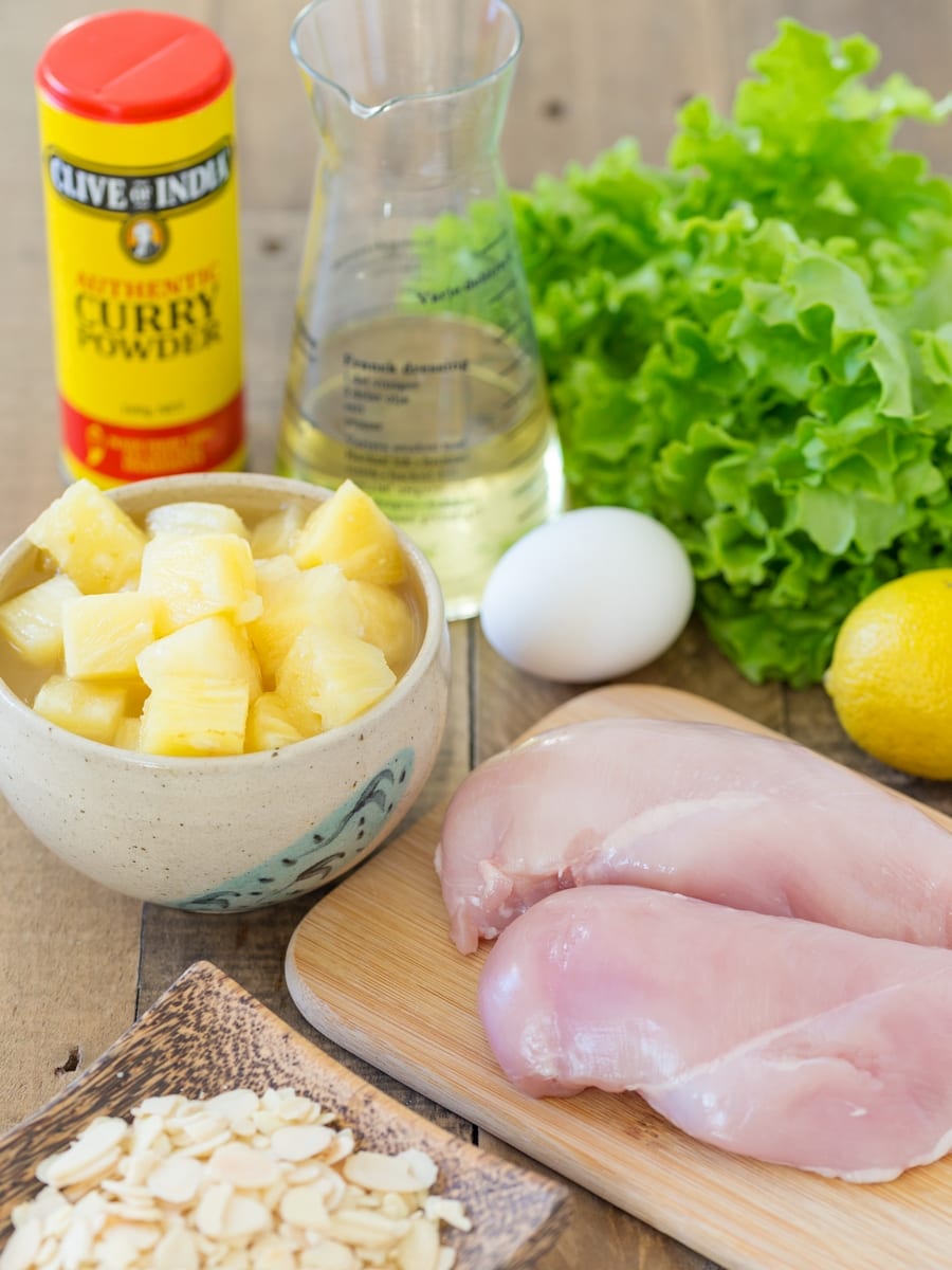 Ingredients needed to make chicken pineapple salad.