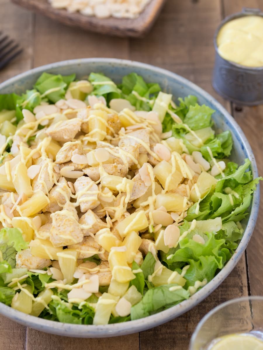 Curry chicken and pineapple salad with roasted shaved almonds and curry mayonnaise.