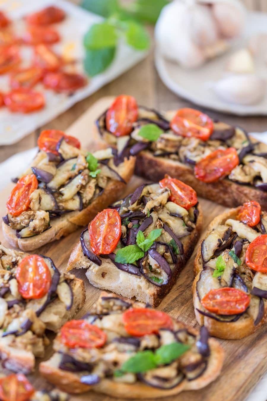 Grilled eggplant and roasted cherry tomato bruschetta.