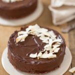 Closeup of no-bake vegan chocolate cake with date syrup.