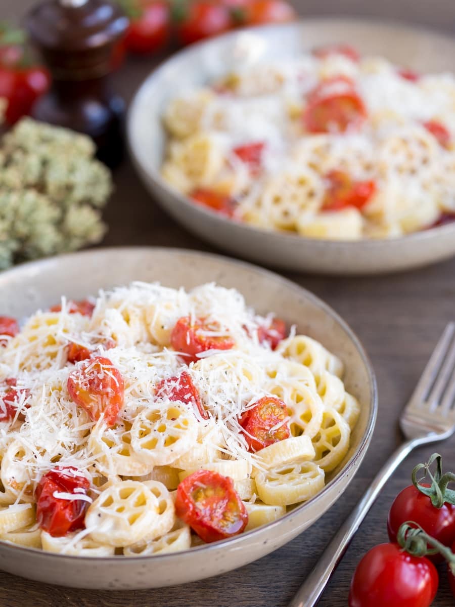 Creamy pasta with roasted cherry tomatoes and pecorino.
