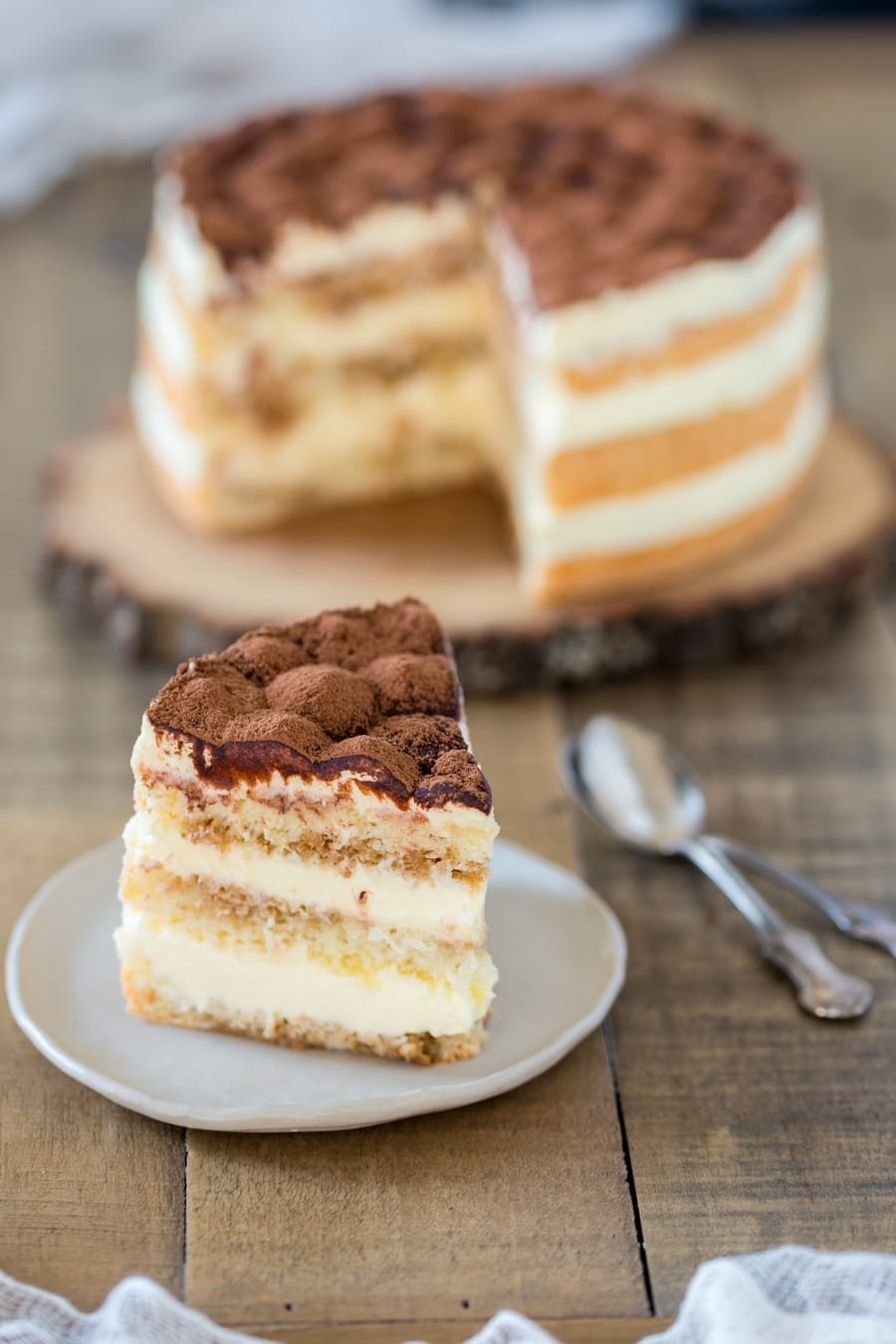Sliced tiramisù cake.