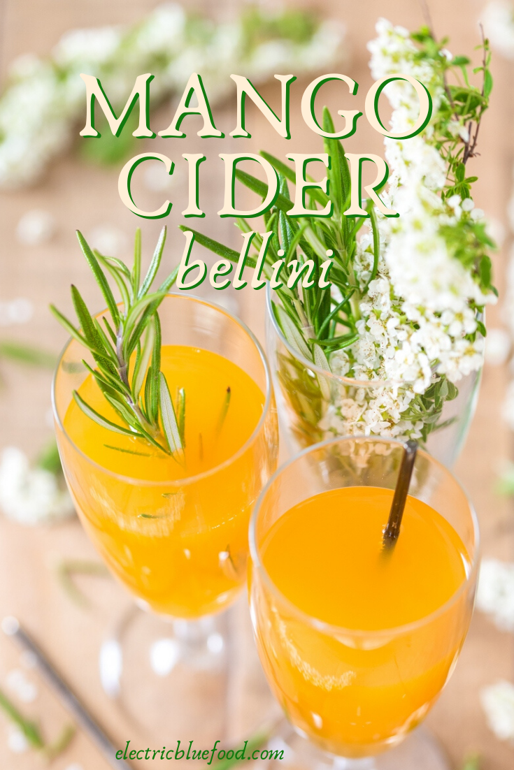 Mango cider Bellini: an alternative bellini cocktail recipe where peach is subbed with mango and dry apple cider takes over the prosecco.