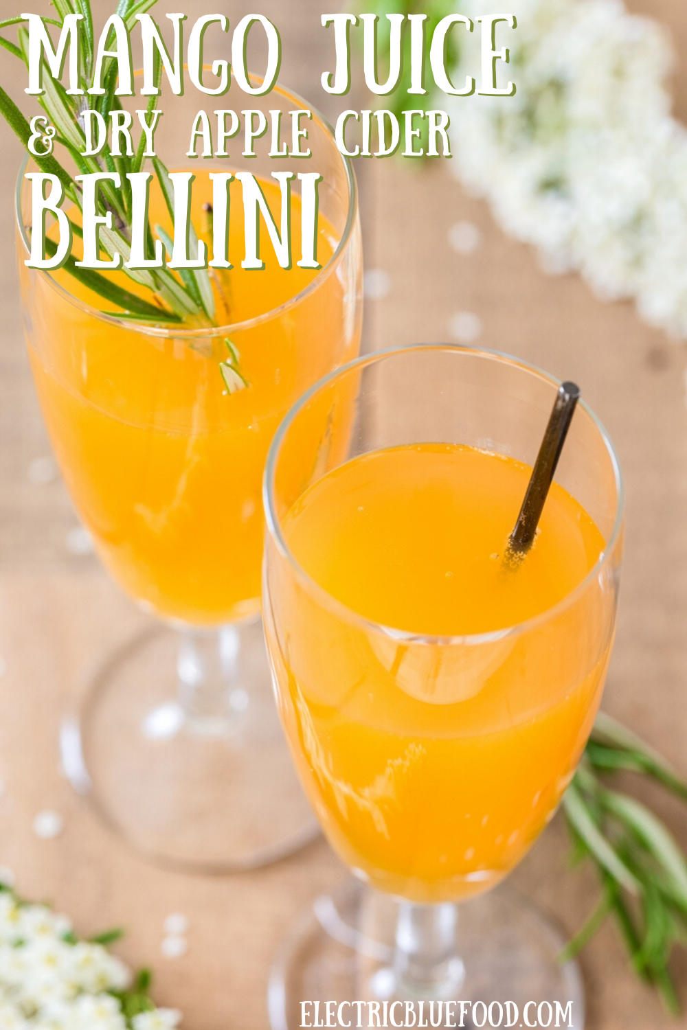 Mango cider Bellini: an alternative bellini cocktail recipe where peach is subbed with mango and dry apple cider takes over the prosecco.