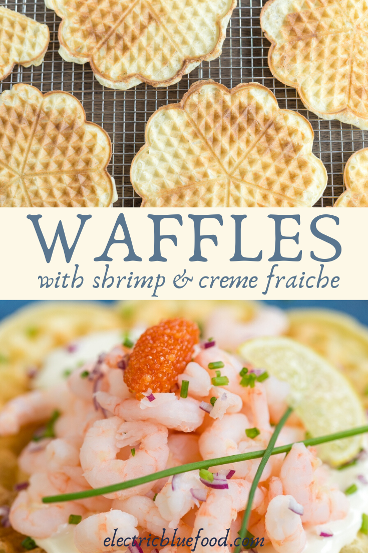 Sour cream waffles topped with shrimp and fish roe. A Norwegian recipe with a very Scandinavian topping!