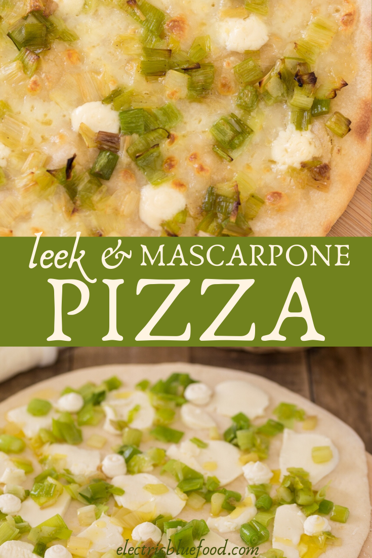 Leek mascarpone pizza bianca: an unusual pizza topping for a delicious homemade pizza. No tomato sauce but good olive oil and puddles of melted mascarpone cheese that perfectly pair with sautéed leeks with white pepper.