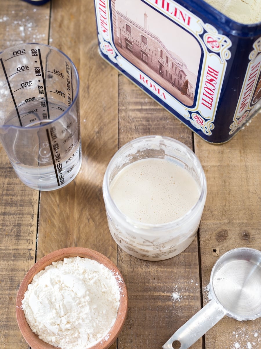 Water, flour, a bowl of sourdough starter.