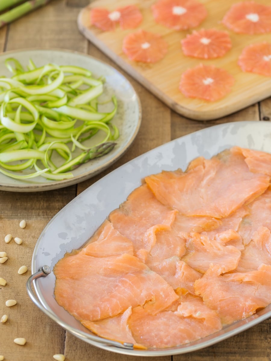 Lemon marinated salmon, shaved asparagus and thinly sliced grapefruit.