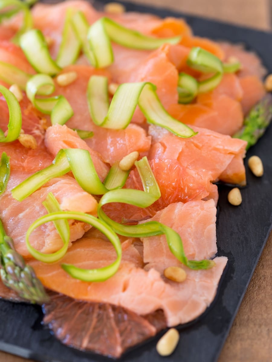 Grapefruit salmon asparagus with shaved asparagus.