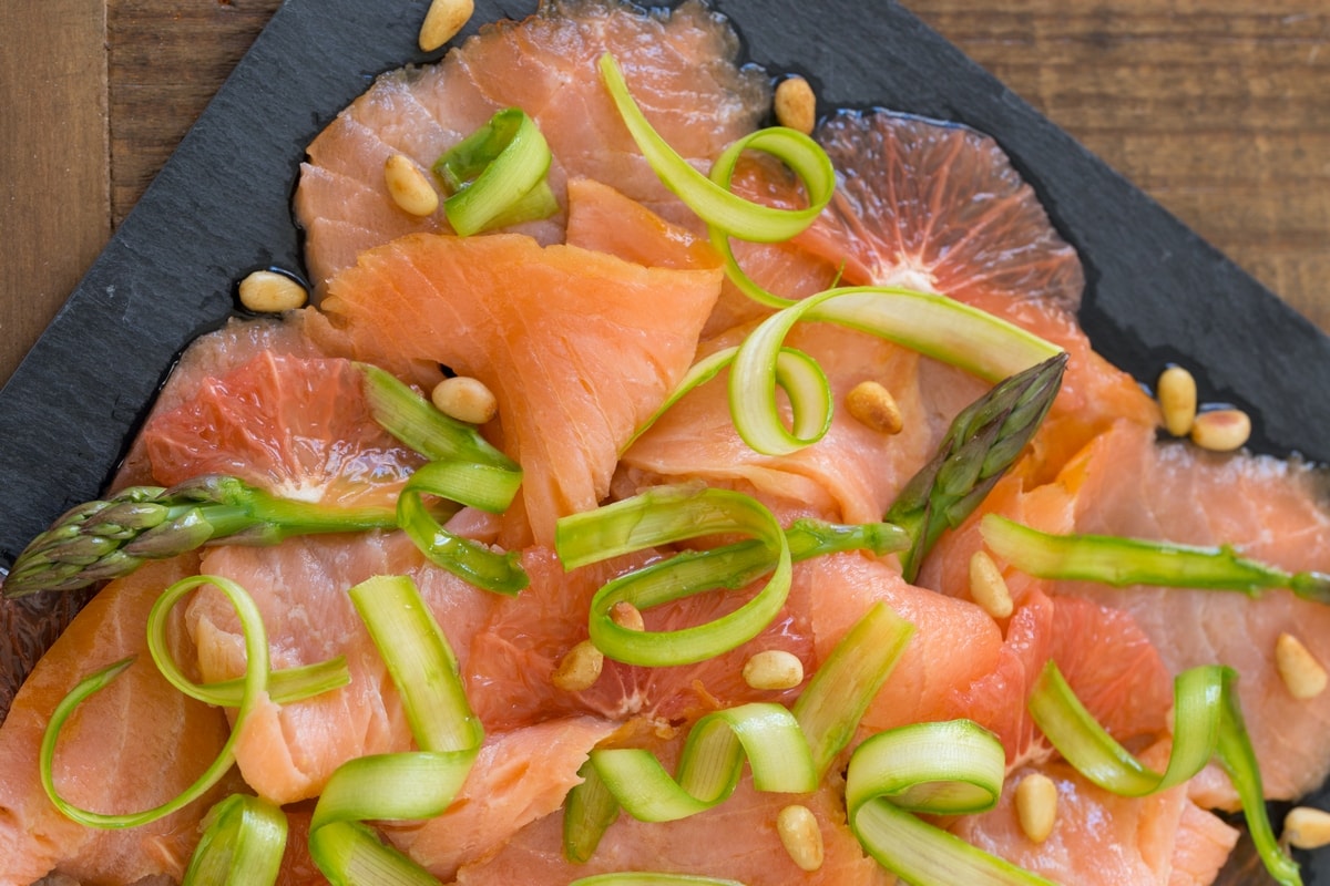 Smoked salmon carpaccio, grapefruit, shaved asparagus.